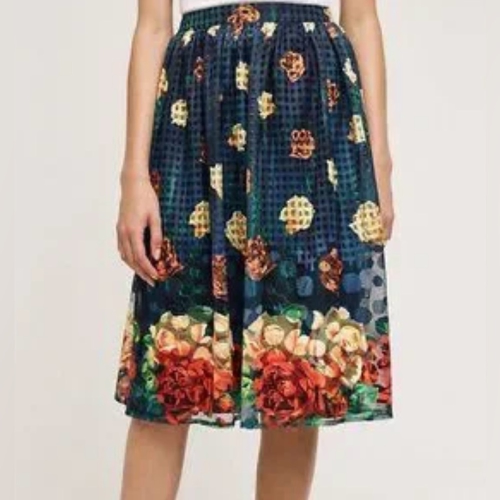 Antropologi  Sunday in Brooklyn Navy Floral Border Midi Skirt Women’s Size M